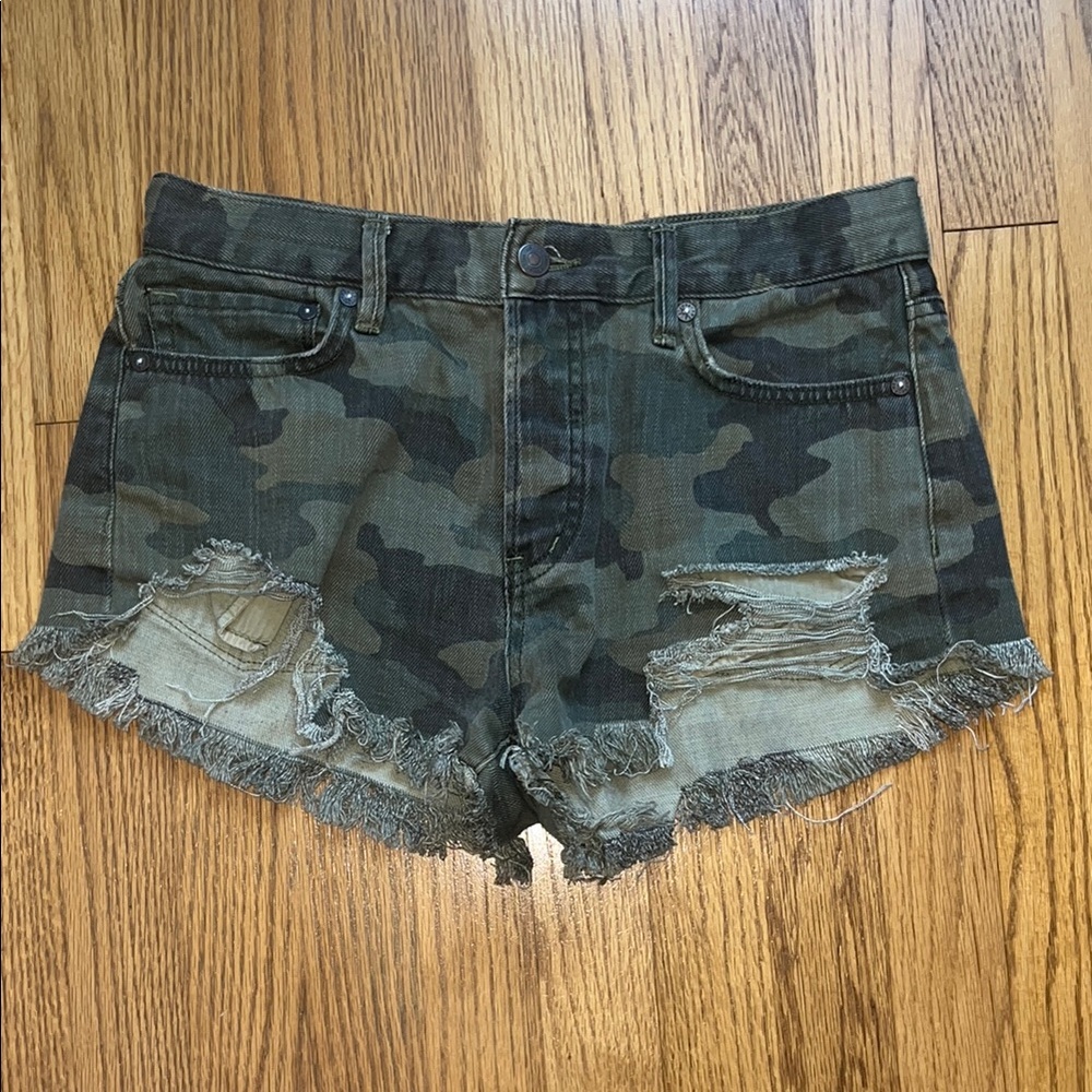 We The Free Green Jean Shorts Distressed Camo
